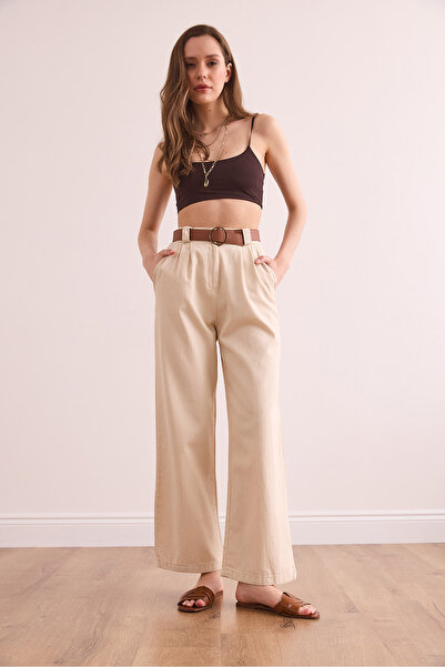 Olalook Kadın Ekru Kemerli Cepli Sırtı Lastikli Gabardin Palazzo Pantolon PNT-19000327