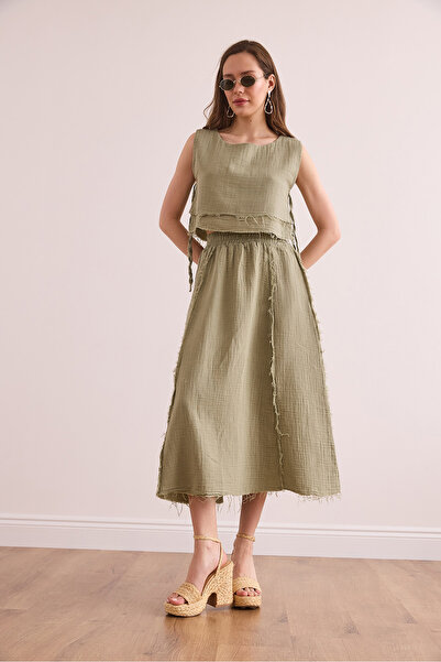 Olalook Women's Khaki Elastic Waist Dirty Stitching Muslin Skirt Etk- 19000310