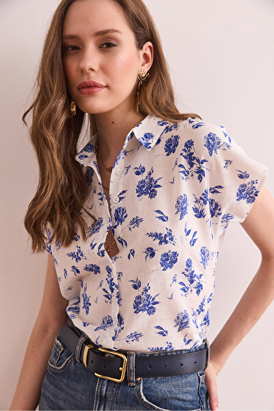 Olalook Kadın Gül Lacivert Flamlı Keten İçerikli Yarasa Gömlek GML-19001317