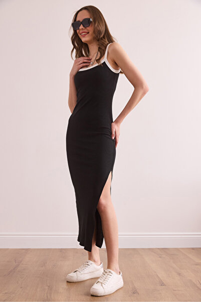 Olalook Women's Black and White Piping Detailed Slit Maxi Ribbed Dress Elb- 19002375