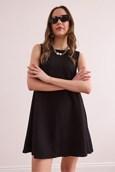 Olalook Women's Black Front Stitched Back Zipper Mini Crepe Bell Dress Elb- 19002378