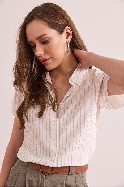 Olalook Πράσινο-Μωβ Χρώμα Ριγέ Γυναικείο Πουκάμισο Νυχτερίδας GML- 19001316