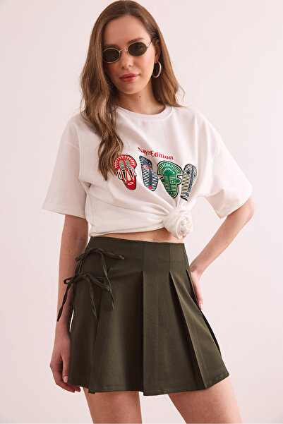 Olalook Women's Green Side Lace Detailed Pleated Zippered Mini Skirt Etk- 19000304