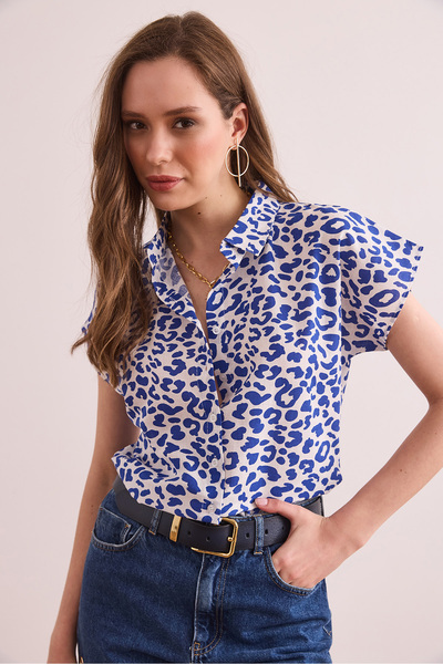 Olalook Жіноча сорочка-кажан з леопардовим принтом, синього кольору, з бавовняною підкладкою GML-19001317