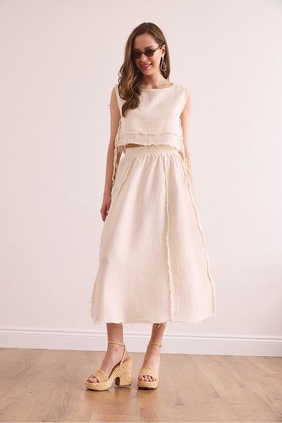 Olalook Women's Ecru Elastic Waist Dirty Stitching Muslin Skirt Etk- 19000310