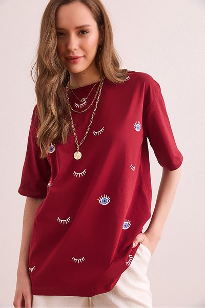 Olalook Tricou cu imprimeu ochi burgundy pentru femei TSH- 19000817
