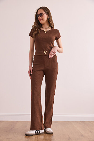 Olalook Women's Bitter Brown V Detailed Bottom Top Cotton Ribbed Suit Tkm- 19000372