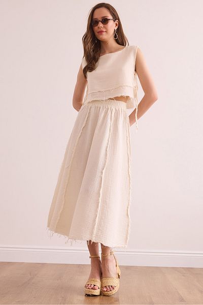 Olalook Women's Ecru Elastic Waist Dirty Stitching Muslin Skirt Etk- 19000310