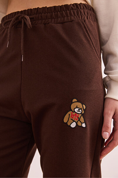 Olalook Women's Bitter Brown Pocket Embroidered 2 Thread Sweatpants Eşf- 00000082