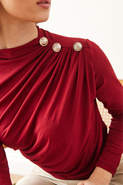 Olalook Women's Burgundy Shoulder Buttoned Draped Detail Sandy Blouse Blz- 19002832