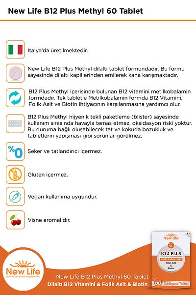 New Life B12 Plus 60 Sublingual Tablets - Vitamin B12 - Folic Acid - Biotin