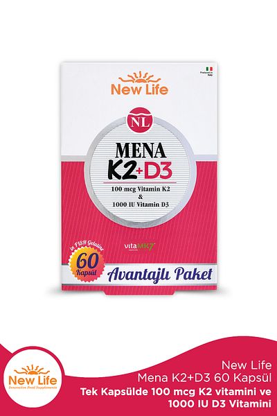 New Life Mena K2 and D3Vitamine 60 Capsules, 100Mcg + 1000Iu