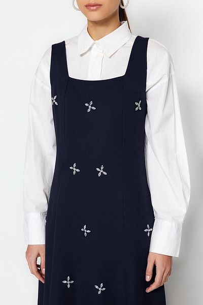 Trendyol Modest Navy Blue Stone Processing Detailed Square Collar Woven Gilet Dress Tctss23Eb00157