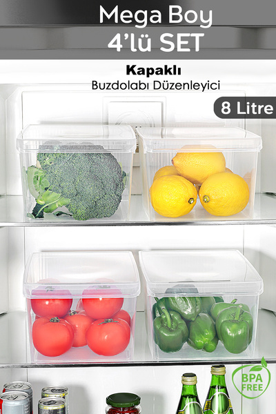 Meleni Home 4 Adet Kapaklı Dolap İçi Buzdolabı Düzenleyici - Organizer Sepet Meyve Sebze Saklama Kabı 8 Lt