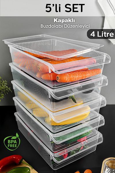 Meleni Home 5 Pieces Clamshell Cabinet Interior Refrigerator Organizer - Refrigerator Organizer Fruit Vegetable Storage Container 4 Lt