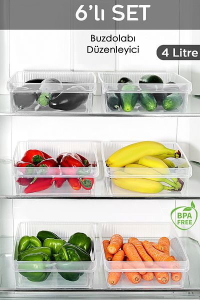 Meleni Home 6 Pieces In-Cabinet Refrigerator Organizer - Refrigerator Organizer Basket Fruit Vegetable Storage Container 4 Liters