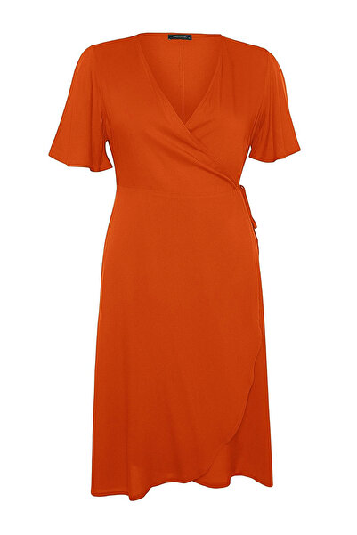 Trendyol Curve Orange Straight Wrap Midi Woven Plus Size Dress Tbbss22El1564