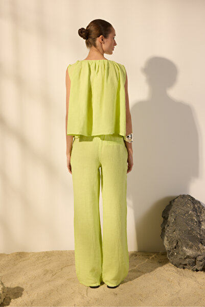 Trendyol Collection Ανοιχτό πράσινο ψηλόμεσο - 100% λινό ελαστικό παντελόνι φαρδύ πόδι TWOSS24JE00249