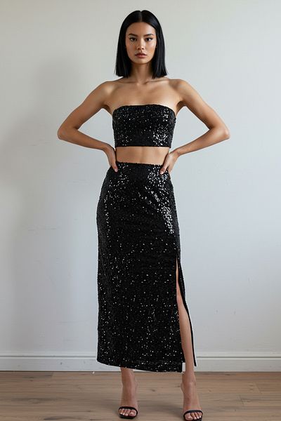 Trendyol Collection Black Slit Detailed Knitted Sequin Bottom Top Set Tprss25Au00007