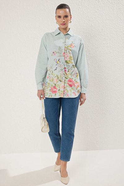 Trendyol Modest Világoskék virágos lenvászon szőtt ing TCTSS25TG00006