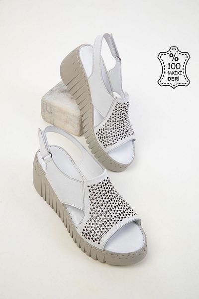 SOHO White Genuine Leather Women's Wedge Heeled Shoes 20529