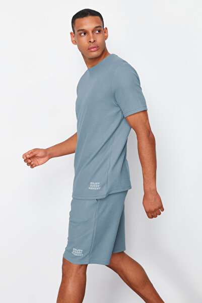 Trendyol Collection Σετ πιτζάμες με μπλε κανονική εφαρμογή βάφλα TMNSS23PT00032