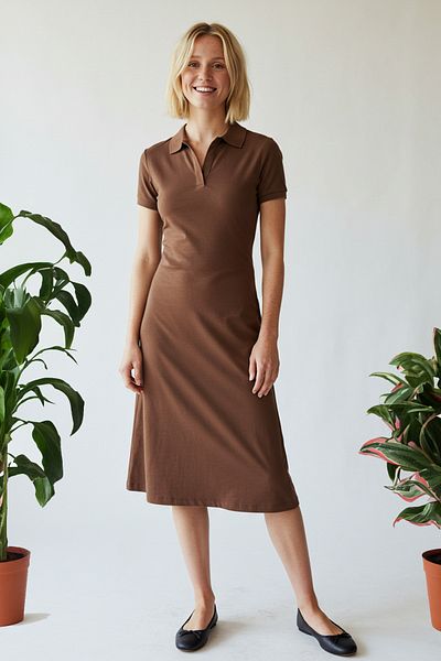 Trendyol Collection Polo Neck Flexible Cotton Midi Skater Φόρεμα - Καφέ TWOSS24EL00480