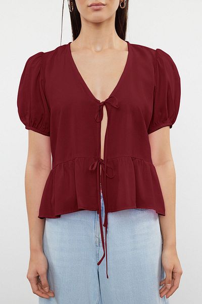 Trendyol Collection Burgundy Tied Woven Shirt Twoss24Go00237