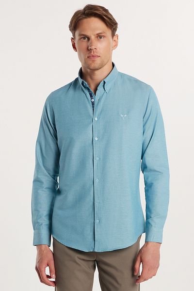 Tudors Ανδρικό μπλουζάκι Oxford Texture Petrol Color Slim Fit - Μακρύ μανίκι, με κουμπιά γιακά