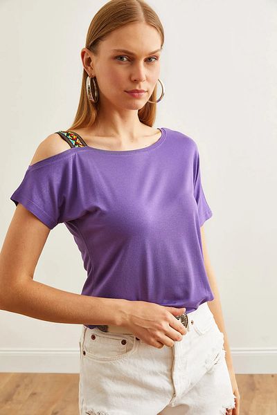Olalook Lilafarbene Bluse mit einschultriger Bluse im Ethno-Stil für Damen - BLZ- 19000194