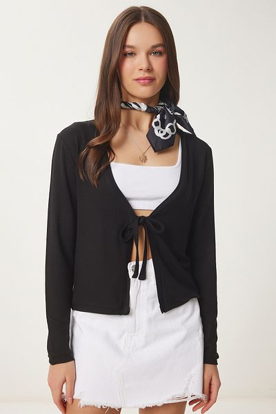Happiness İstanbul Women's Black Seasonal Knitwear Cardigan with Binding Detail Ub00370