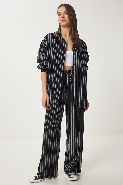 Happiness İstanbul Black Striped Women Shirt and Pants Suit By00058