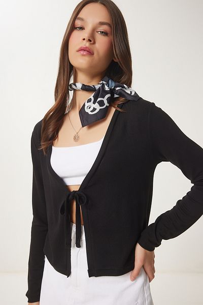 Happiness İstanbul Women's Black Seasonal Knitwear Cardigan with Binding Detail Ub00370