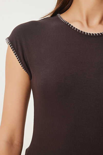 Happiness İstanbul Dámská hnědá kontrastní pruhovaná pletená halenka FW00006