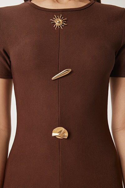 Happiness İstanbul Γυναικείο Καφέ Χρυσό Αξεσουάρ Πλεκτό Φόρεμα ZH00045