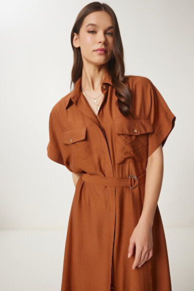 Happiness İstanbul Dámské letní košilové šaty s hnědým vrásčitým efektem DP00236