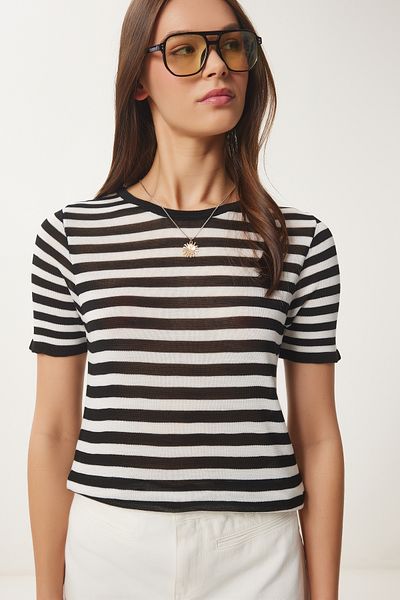 Happiness İstanbul Women's Black and White Striped Seasonal Knitwear Blouse Yy00233