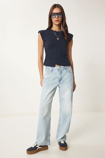 Happiness İstanbul Women's Navy Blue Padded Asymmetrical Knitted Blouse Cr00480