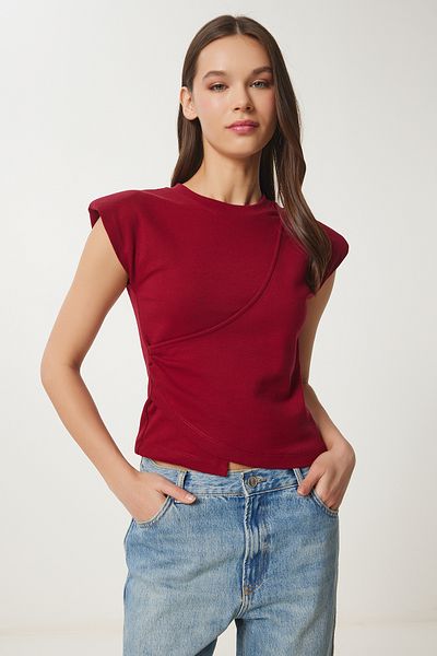 Happiness İstanbul Burgunderrote, wattierte, asymmetrische Strickbluse für Damen CR00480