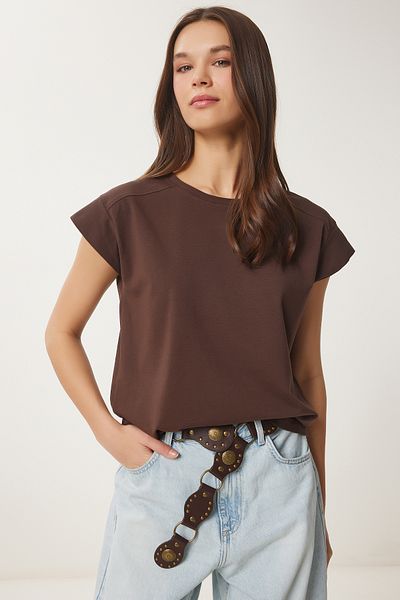 Happiness İstanbul Braunes Basic-Strick-T-Shirt für Damen HW00017