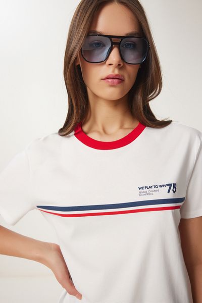 Happiness İstanbul Women's Ecru Printed Knitted T-Shirt Wo00052