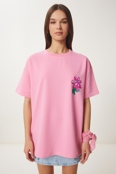 Happiness İstanbul Γυναικείο πλεκτό μπλουζάκι με ροζ λουλούδι με στάμπα ZV00282