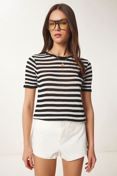 Happiness İstanbul Women's Black and White Striped Seasonal Knitwear Blouse Yy00233