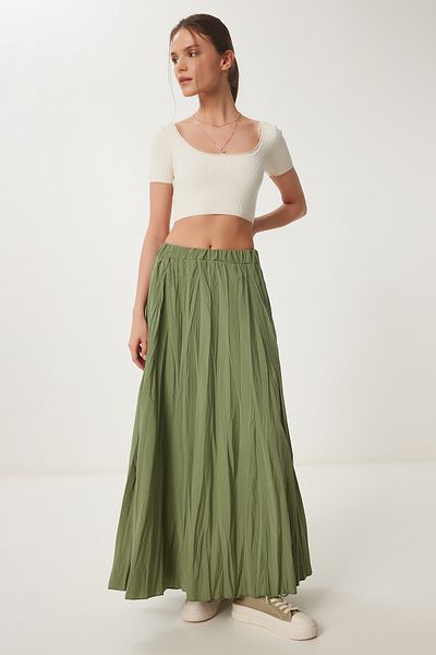 Happiness İstanbul Khakifarbener, ausgestellter, gewebter Sommerrock mit Falteneffekt für Damen DD01347