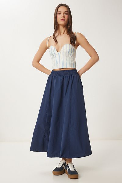 Happiness İstanbul Marineblauer Maxirock aus Leinenmischung für Damen GP00011