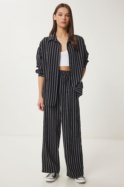 Happiness İstanbul Black Striped Women Shirt and Pants Suit By00058
