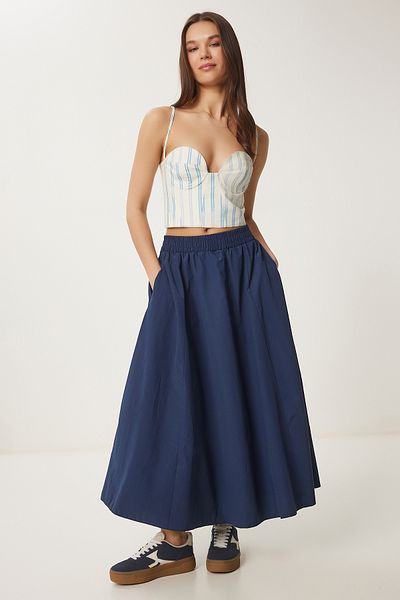 Happiness İstanbul Marineblauer Maxirock aus Leinenmischung für Damen GP00011