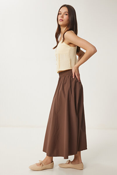 Happiness İstanbul Γυναικεία Μαξί Φούστα Καφέ Λινό Μικτή GP00011