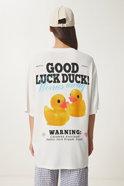 Happiness İstanbul Dámské bavlněné pletené tričko Ecru Oversize s potiskem UB00372