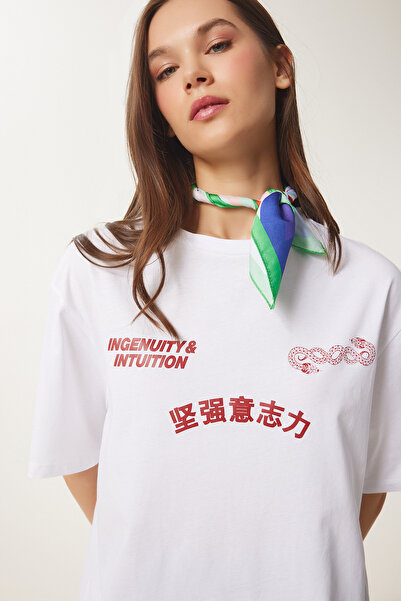 Happiness İstanbul Weißes, übergroßes, bedrucktes Baumwoll-Strick-T-Shirt für Damen UB00371